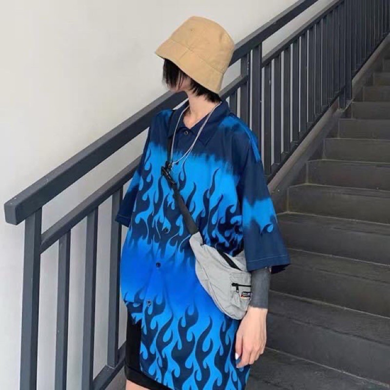 Áo sơ mi hình lửa xanh kèm ảnh thật