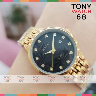 Đồng hồ nữ Halei dây kim loại mạ vàng mặt số ngọc có lịch chống nước chính hãng Tony Watch 68