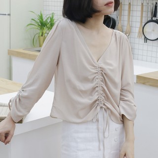 Áo Kiểu Cổ Tim Rút Dây Form Rộng Cotton Tay Lỡ Hàn Quốc Áo Kiểu Dài Tay Cổ V Thắt Nơ Sang Trọng Ulzzang Thời Trang Đẹp