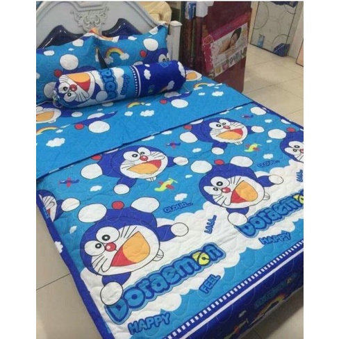 Bộ Ga gối 1m2x2m1 ga 2 vỏ gốiCotton Poly,mẫu mới nhất,MẪU DOREMON XANH