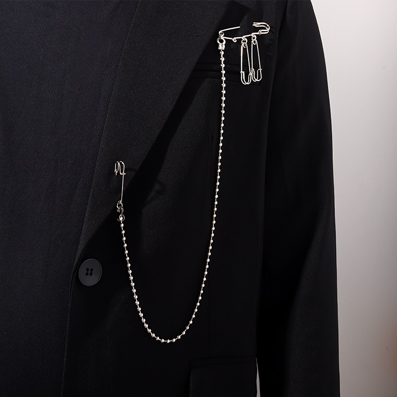 Ghim cài áo phối dây xích tráng men màu bạc thời trang cá tính