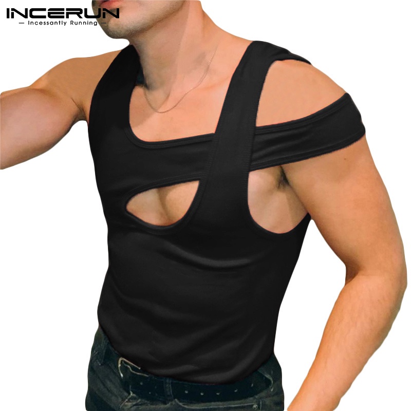 Áo thun INCERUN không tay dáng ôm vừa vặn màu trơn khoét lỗ rỗng gợi cảm thời trang mùa hè cho nam