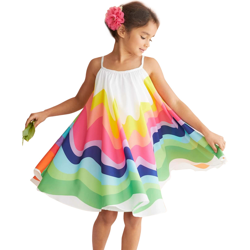 Đầm yếm sát nách chất liệu vải chiffon in họa tiết cầu vồng xinh xắn thời trang 2020 dành cho bé gái
