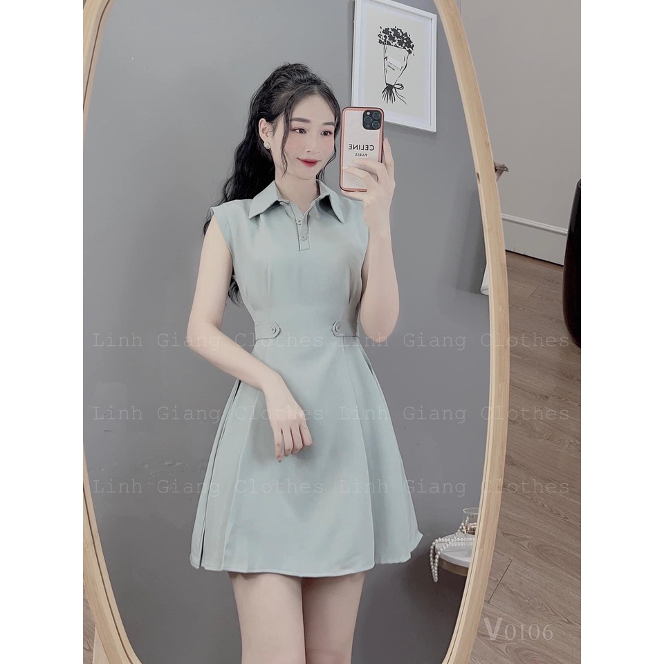 Váy cổ đức xanh min đai eo chất tuyết mưa