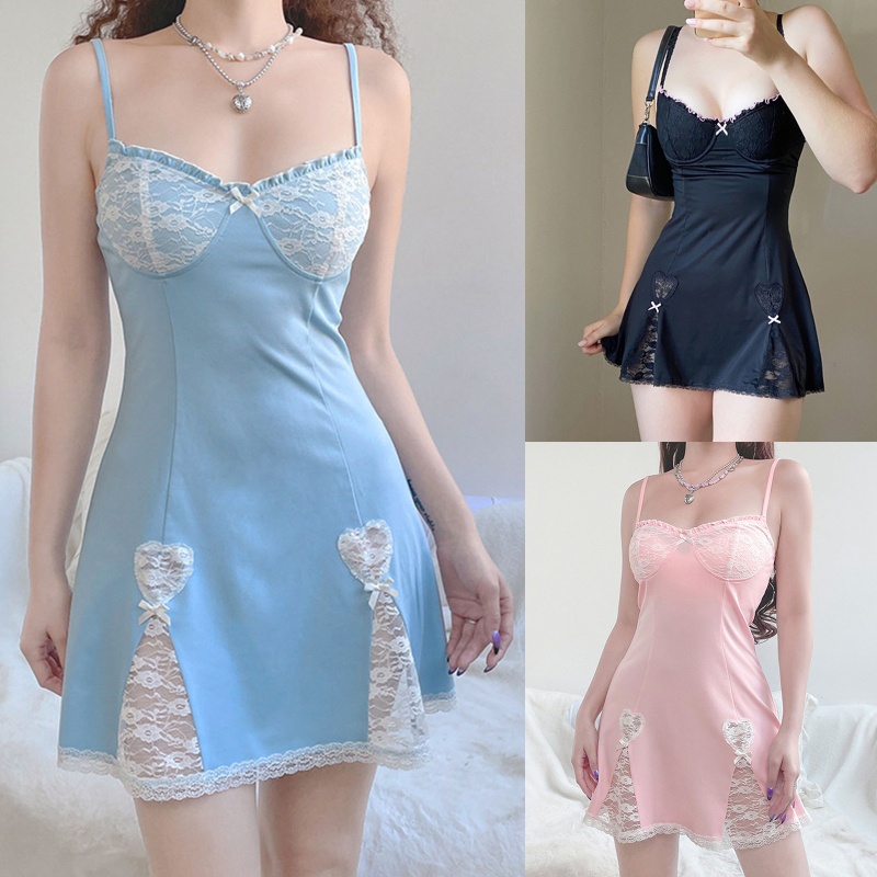 Đầm Mini Hai Dây Cổ Chữ V Khoét Sâu Phối Ren Đính Nơ Màu Sắc Ngọt Ngào Quyến Rũ Cho Nữ