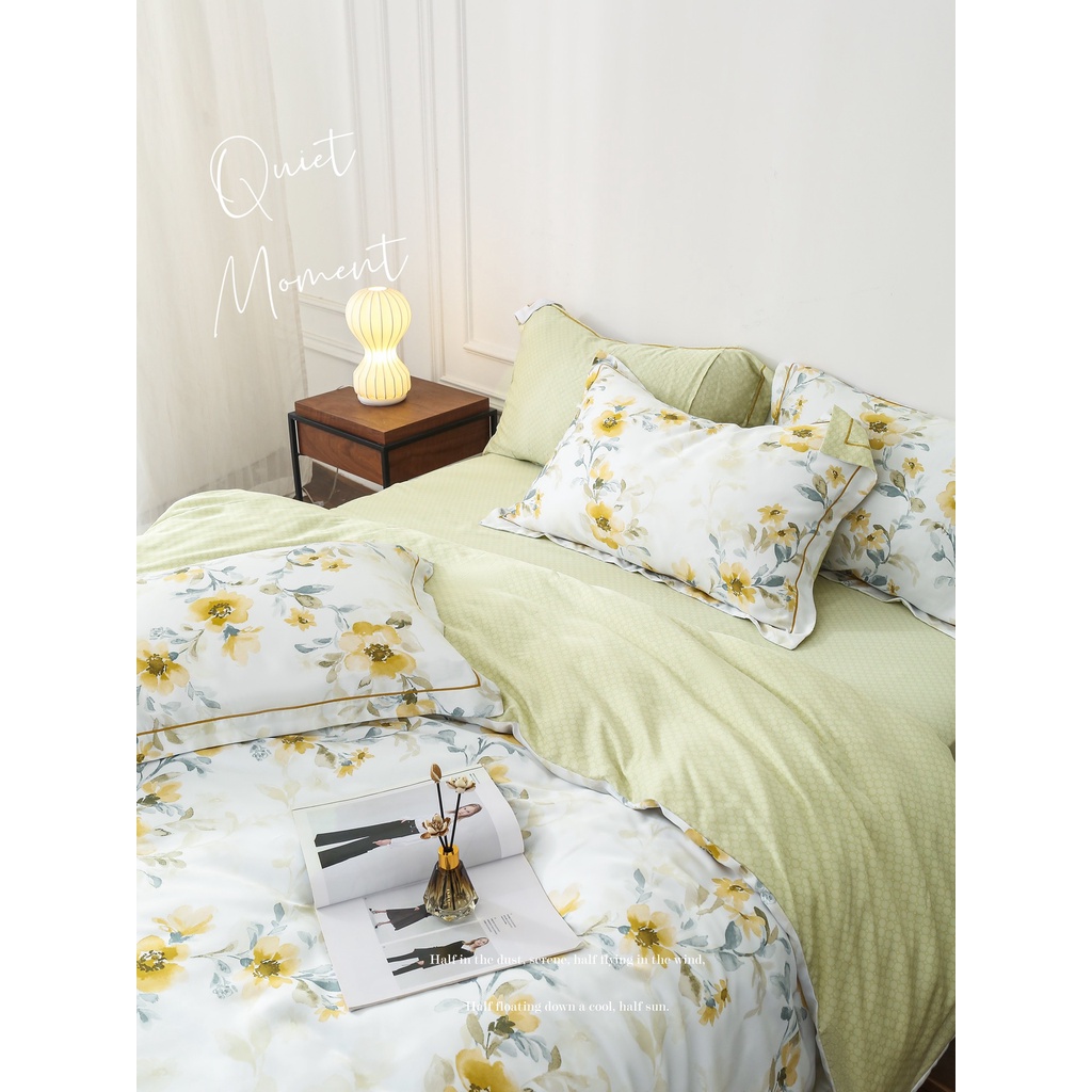 Bộ chăn ga gối 4 món cao cấp 100%Tencel 60s, Họa tiết Hoa Bò cạp vàng, chất liệu siêu mềm mát mịn