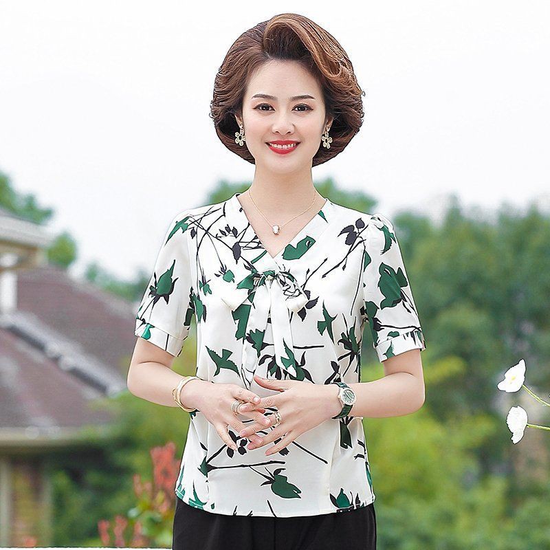 Váy mùa hè cho bà mẹ trung niên mới > Áo phông ngắn tay trung niên rộng rãi size lớn 2021 áo sơ mi voan của mẹ bầu mùa h