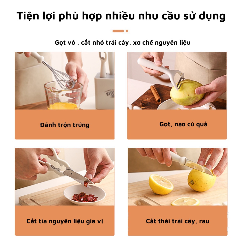 Bộ dụng cụ nhà bếp 6 món đồ dùng tiện lợi nấu ăn gồm dao gọt dao nạo vỏ kéo mở bia đánh trứng có kệ cắm