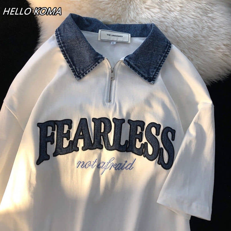 Áo polo ulzzang nam nữ unisex thêu chữ Fearless phối cổ denim phong cách đường phố cá tính