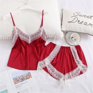 Đồ bộ ngủ lụa 2 dây sexy phối ren trắng