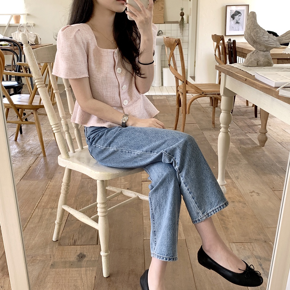 Áo Kiểu Tay Phồng Ngắn Cổ Vuông Thời Trang Hàn Quốc Xinh Xắn Cho Nữ