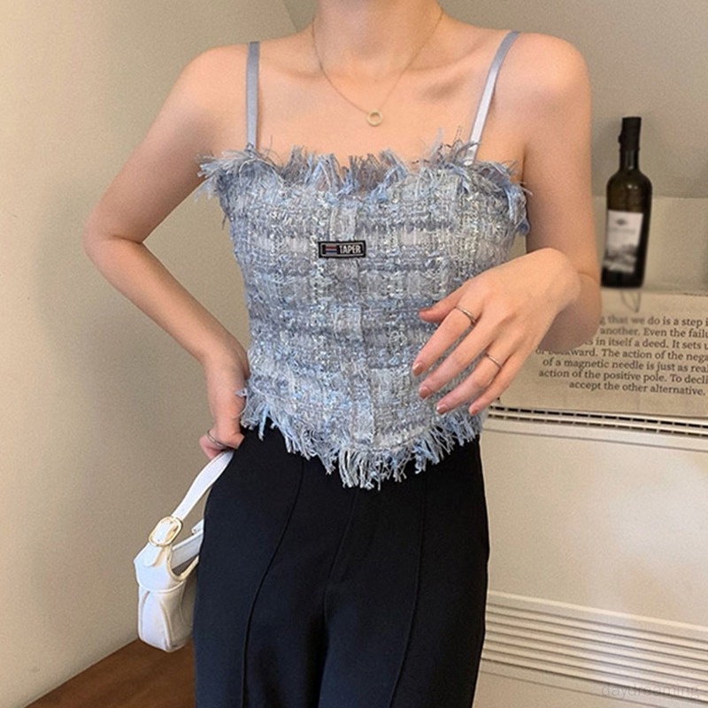 Áo Croptop Không Tay Có Mút Đệm Phối Tua Rua Thời Trang Hàn Quốc Cho Nữ