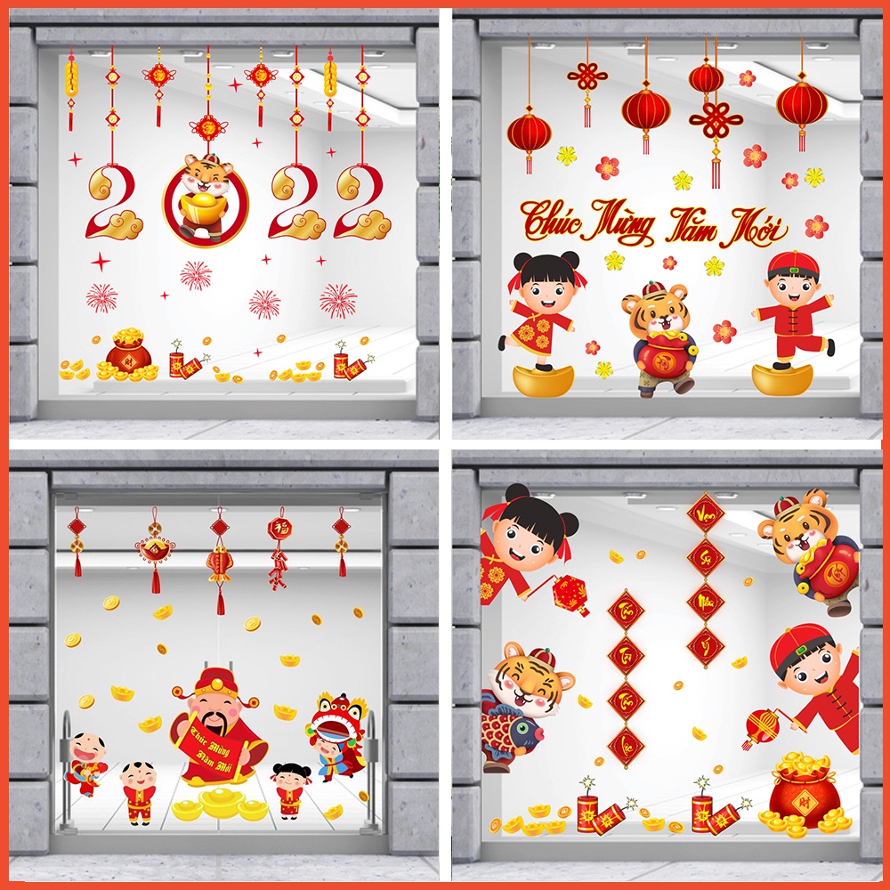 Decal Trang Trí Tết Thiếu Nhi Múa Lân Và Thần Tài Đón Tết - Decal trang trí tết cao cấp có sẵn keo dán