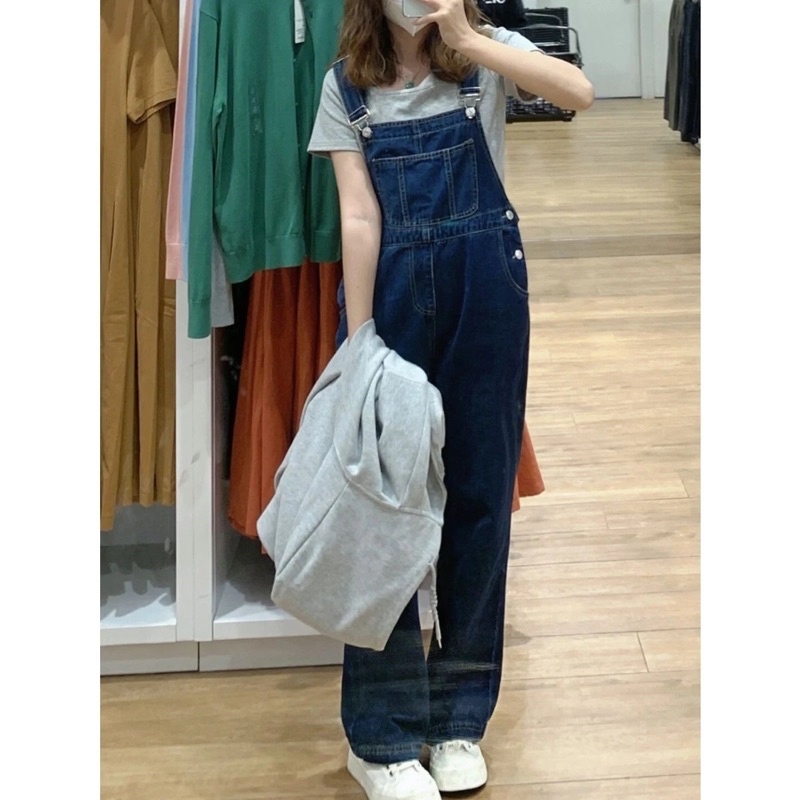 Quần Yếm Jean Nữ Màu Xanh Đậm Ống Suông Rộng Dài, Yếm Bò Basic Phong Cách Ulzzang Vintage, Bigsize Loại 1 Quảng Châu