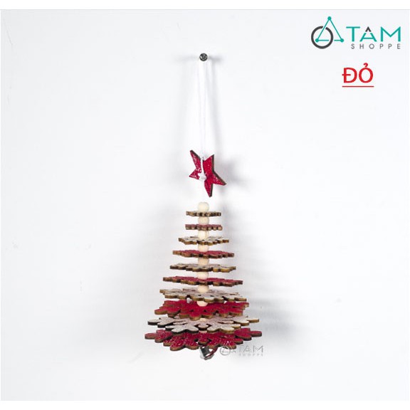 Phụ kiện treo trang trí Noel cây thông xoay bông tuyết gỗ
