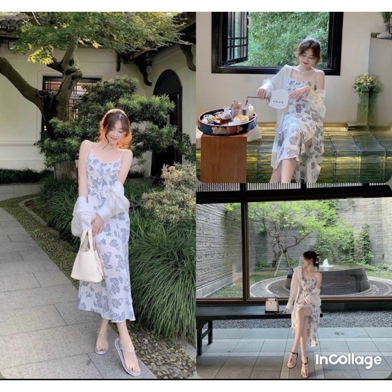 Set đầm hoa kèm áo khoác voan phong cách ngọt ngào