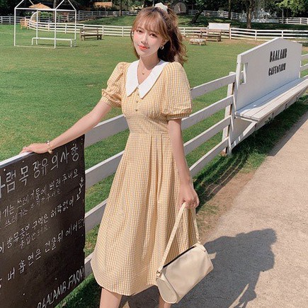 Đầm dài cổ chữ V ngắn tay họa tiết kẻ sọc ca rô thời trang 44719