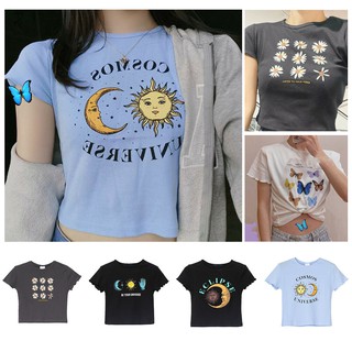 Áo Thun Nữ Ngắn Tay In Hình Hoa Cúc Mặt Trời Và Mặt Trời