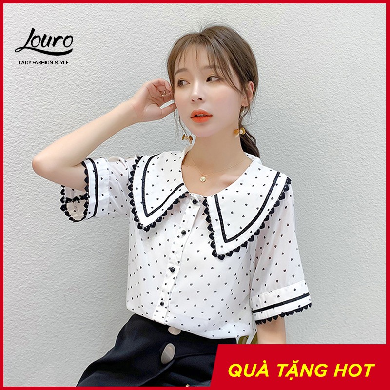Áo sơ mi công sở Louro L123, mẫu áo kiểu công sở cổ áo bản to, họa tiết trái tim cộc tay, chất liệu thoáng mát
