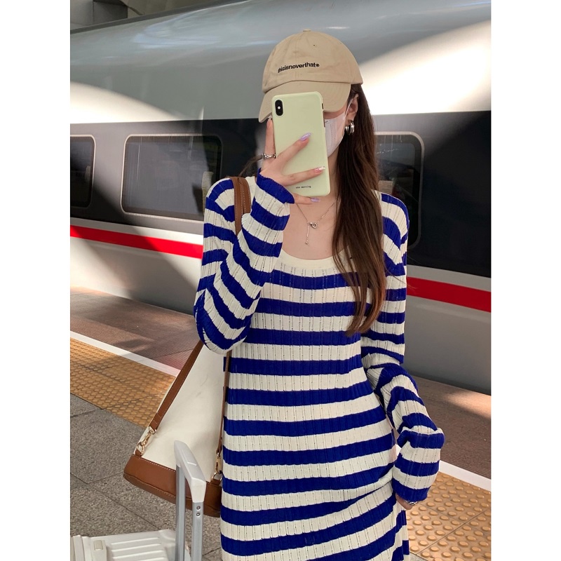 QKOOLE  Đầm Dệt Kim Tay Dài Kẻ Sọc Thời Trang Hàn Quốc Cho Nữ