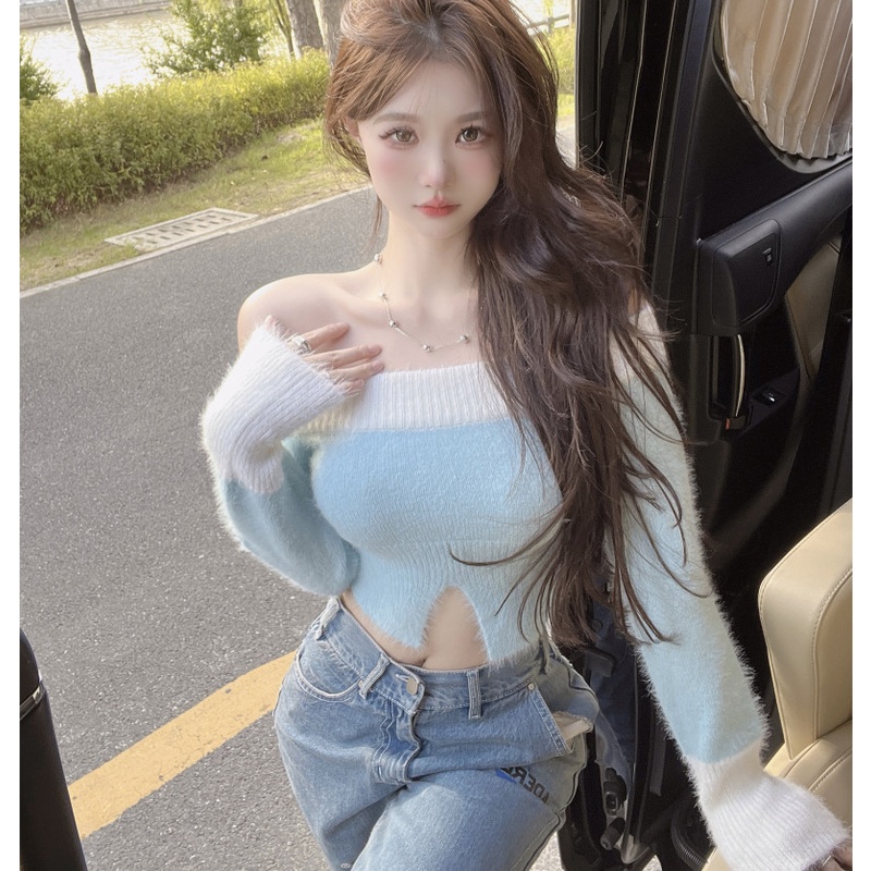 Áo Dệt Kim Tay Dài Trễ Vai Thiết Kế Ôm Sát Hợp Thời Trang