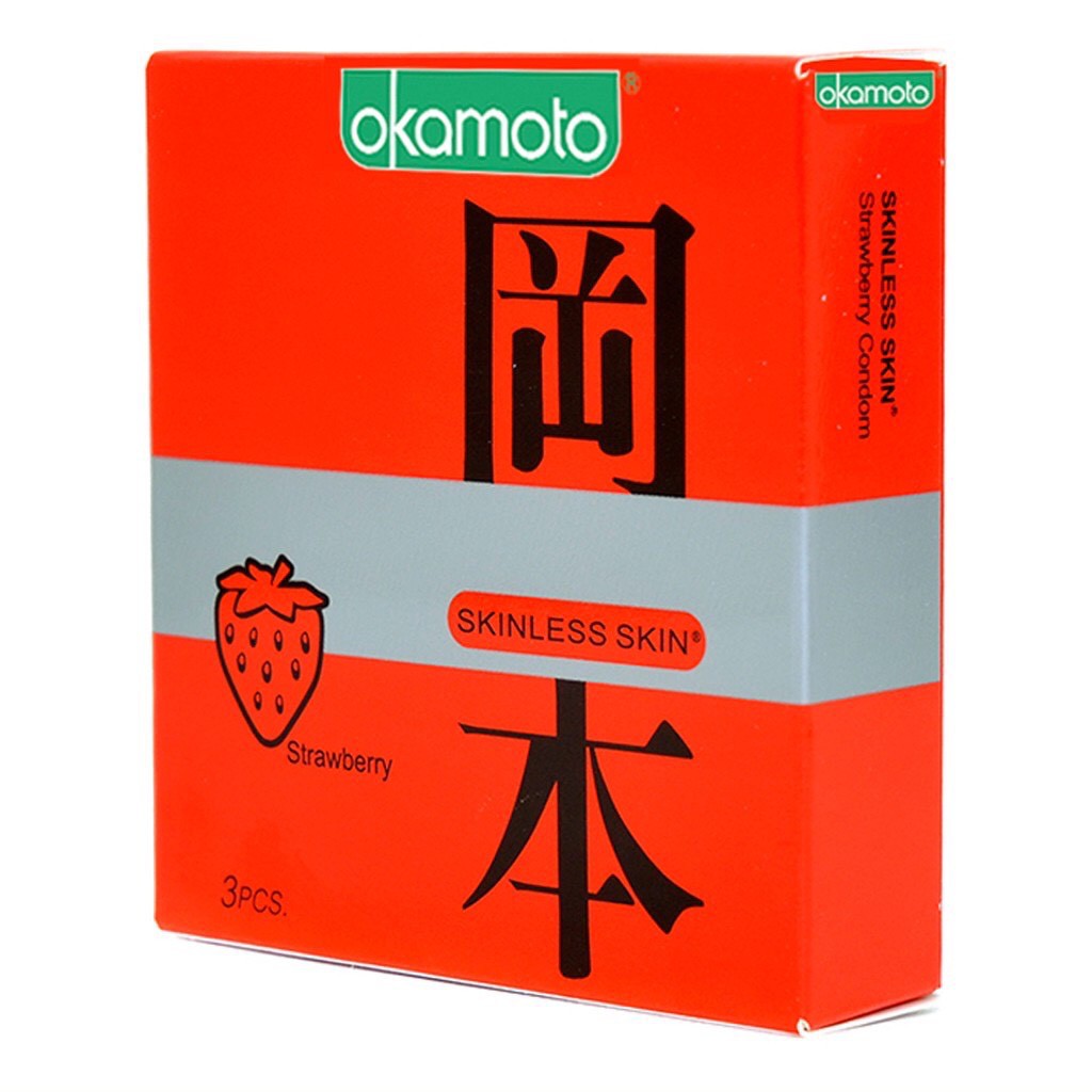 Bao cao su siêu mỏng Okamoto hương dâu nhiều gel bôi trơn hộp 10 chiếc bcs