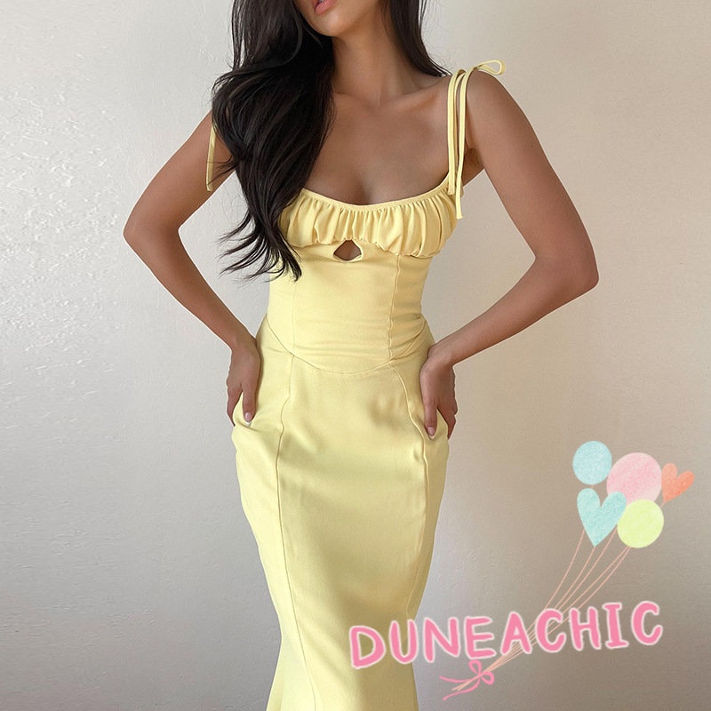 DUNEA Đầm Nữ Hai Dây Màu Trơn Xếp Ly Thời Trang
