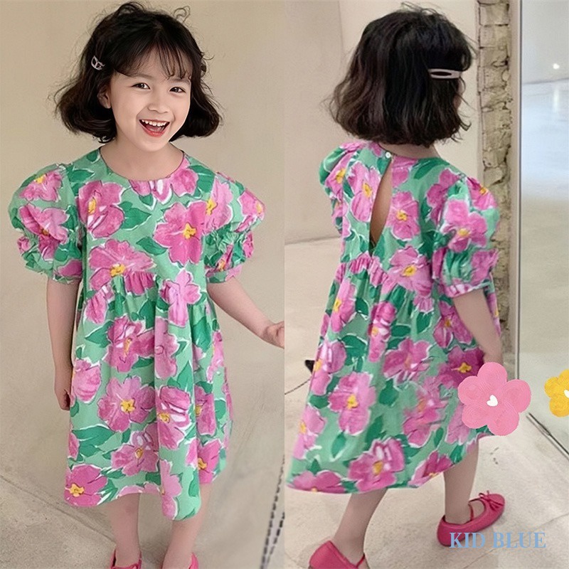 Đầm Tay Ngắn Phồng Cổ Tròn In Hình Hoa Thời Trang Mùa Hè Hàn Quốc Dành Cho Bé Gái