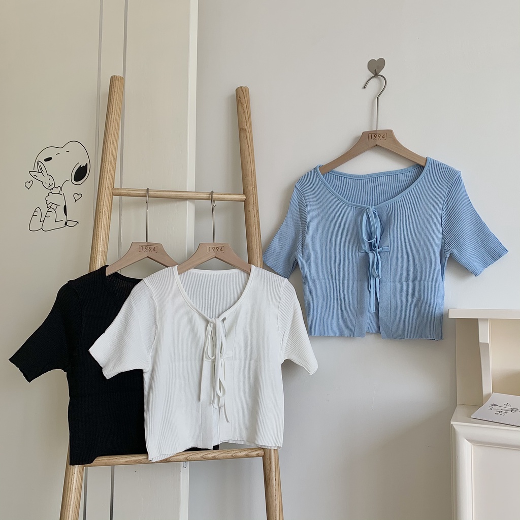 Áo len tăm ngắn tay ngực buộc dây nơ LEN93 LOLLIE STUDIO