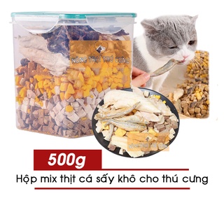 Hộp thịt cá sấy khô 500g cho chó mèo - mix 11 loại: chim cút, gà, trứng, gan, cá hồi...
