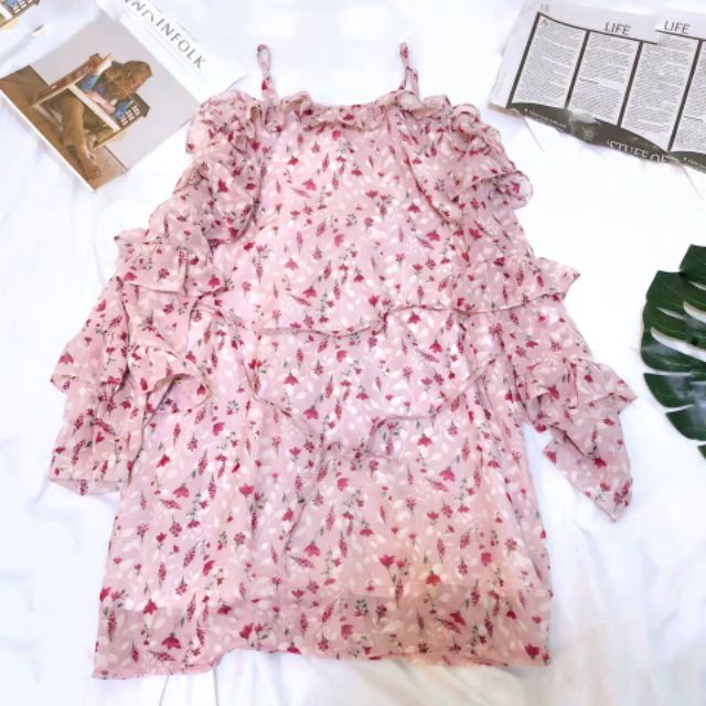 ORDER+ẢNH THẬT| Đầm voan 2 dây trễ vai hoa nhí Ulzzang siêu cute