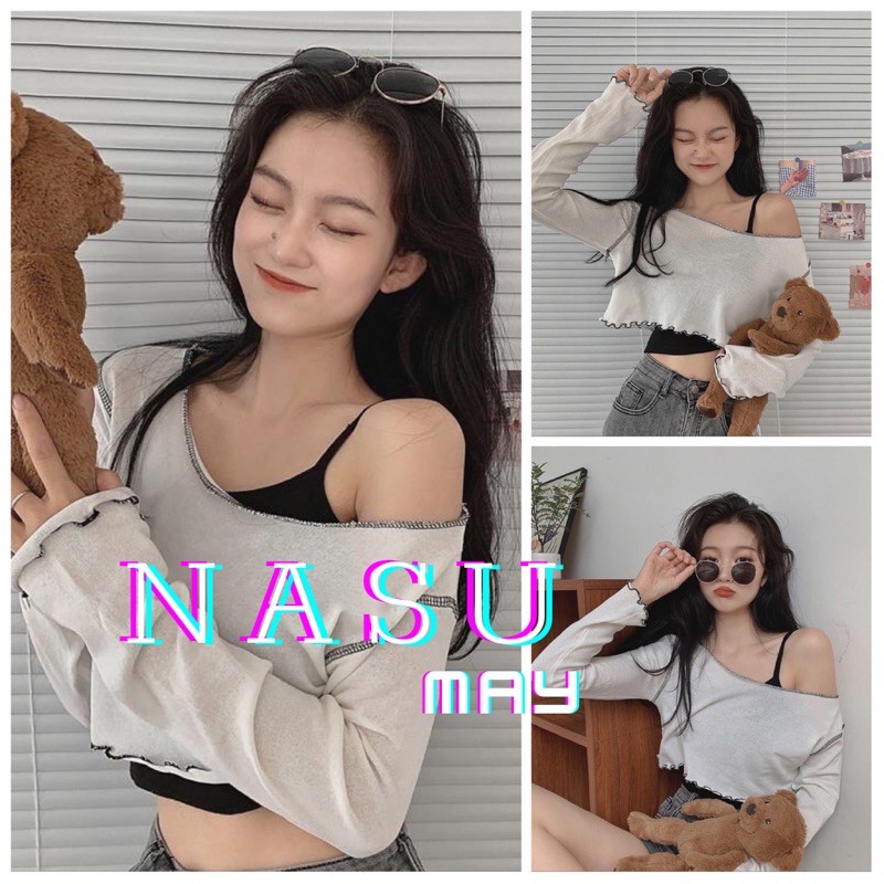 Set Áo Dài Tay Kèm Áo Croptop 2 Dây 🦋 Áo Thun Giấy Viền Bèo Kèm Áo Ngắn 🦋 Nasu May