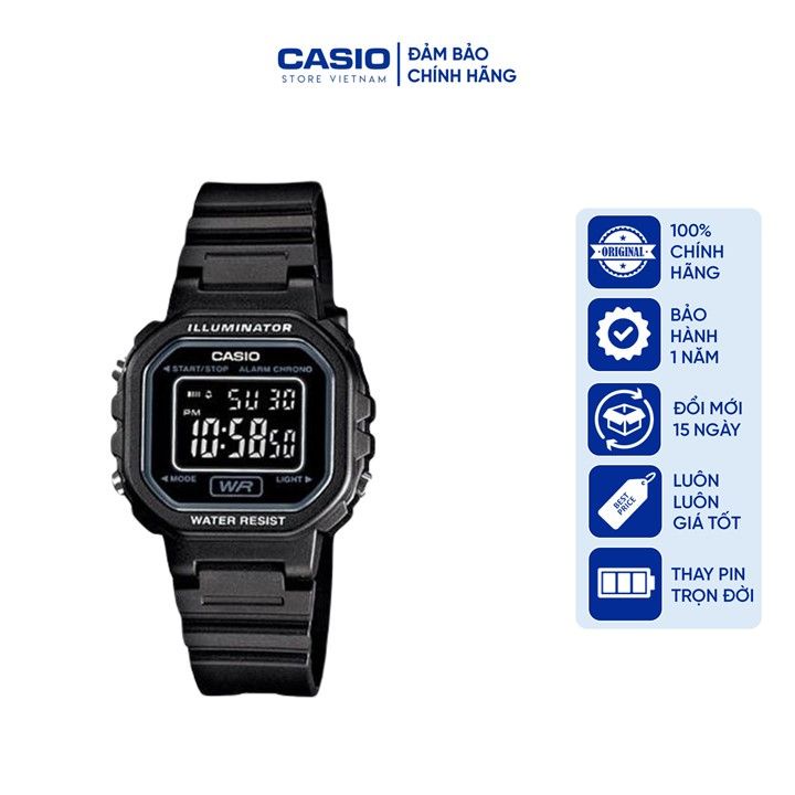 Đồng hồ Nữ Casio LA20WH-1B, đồng hồ chính hãng, dây nhựa đen mặt full đen