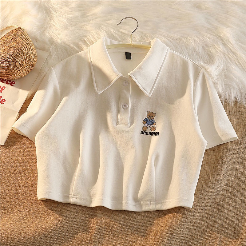 Áo Thun polo Tay Ngắn Dáng Rộng In Hình Gấu Dễ Thương Cho Nữ