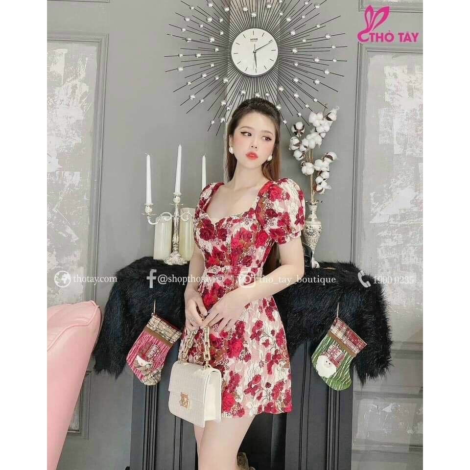 Đầm xoè cổ tim hoạ tiết hoa tay phồng ( kèm mút )