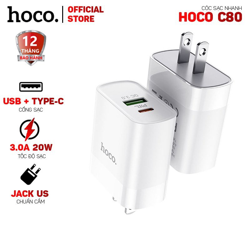 Cóc sạc nhanh Hoco C80 cổng USB và Type-C QC3.0 18W -Dành cho mọi thiết bị