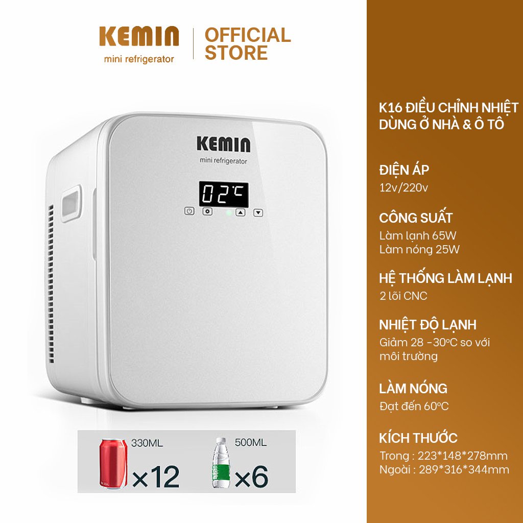 Tủ lạnh mini KEMIN K16 - 16L chính hãng chỉnh nhiệt - Dùng ở nhà và trên ô tô, 2 chiều nóng lạnh