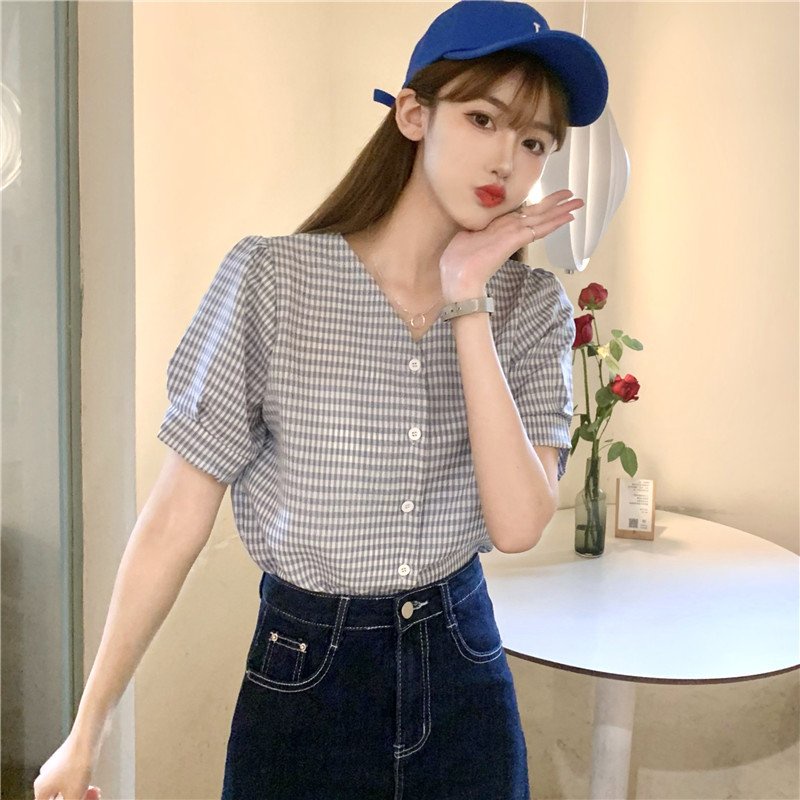 Áo sơ mi nữ ngắn tay cổ tim chữ V phong cách ulzzang Hàn Quốc S190