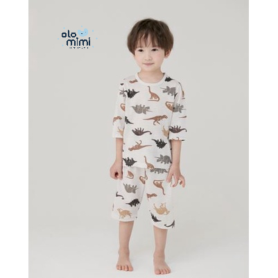 Bộ pijama lửng bé trai Brown Dino 100% cotton - Olomimi Hàn Quốc
