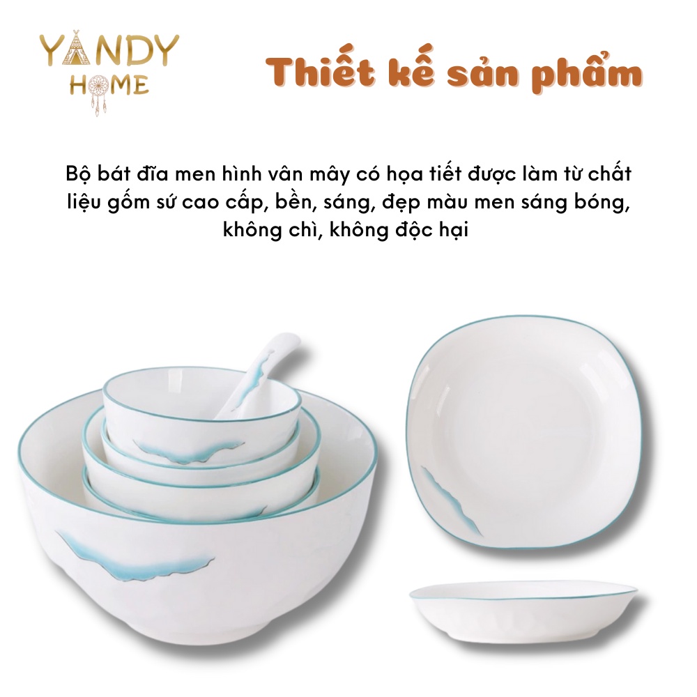 Bát đĩa tô chén gốm sứ YANDY HOME BB12 màu trắng vân mây 10 chi tiết men bóng