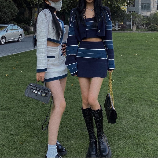 Set đồ ZHELIHANGFEI gồm áo cardigan dệt kim họa tiết kẻ sọc + chân váy ngắn lưng cao thời trang quyến rũ cho nữ