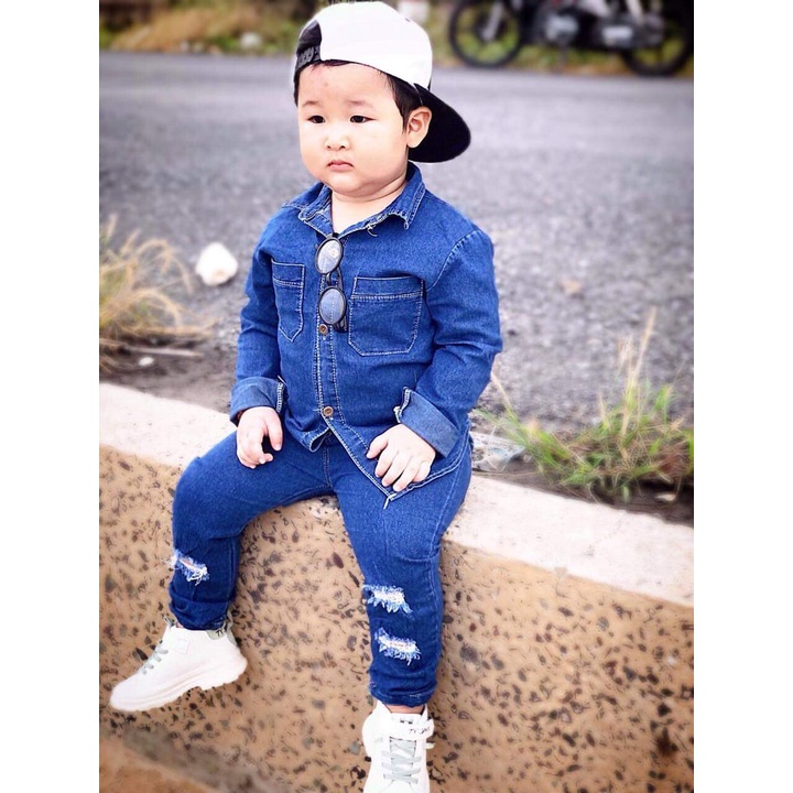 Bộ đồ bé trai - ⚡️Free Ship⚡️- Set sơ mi Jean NY chất liệu cao cấp vô cùng bảnh trai từ 8-24kg