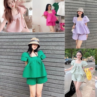 SET BỘ ÁO CỔ VUÔNG TAY PHỒNG + QUẦN SHORT KÈM ẢNH THẬT