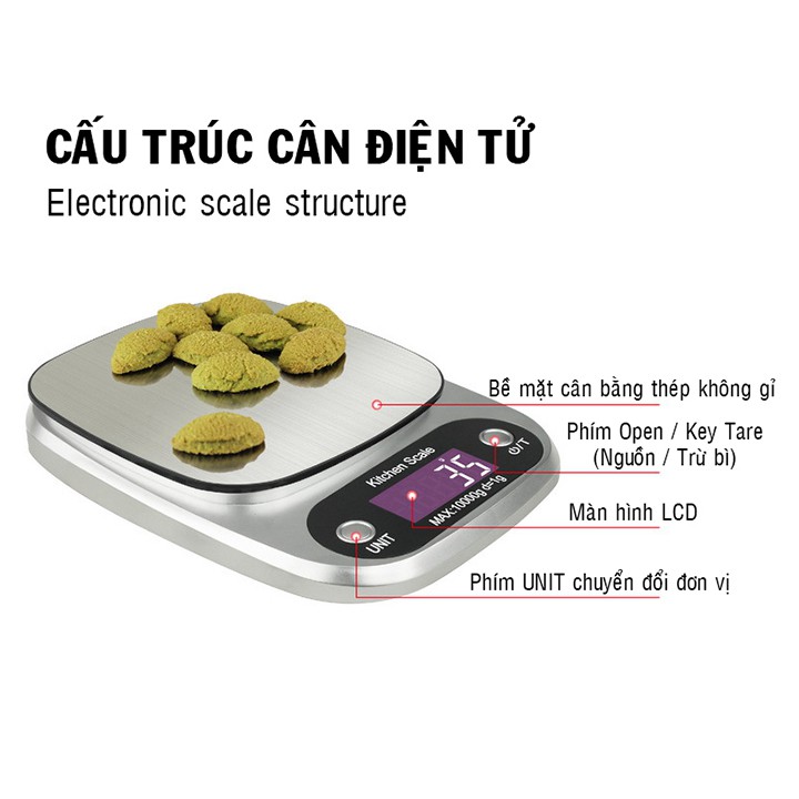 Cân tiểu ly điện tử nhà bếp mini định lượng từ 1g đến 3kg, 5kg, 10kg cân thực phẩm làm bánh chính xác cao