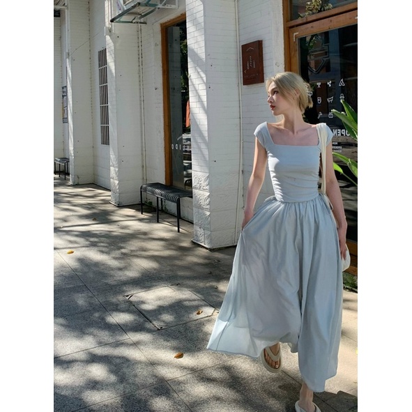 ĐẦM CỔ VUÔNG NỮ RÚT DÂY EO DÁNG DÀI ULZZANG