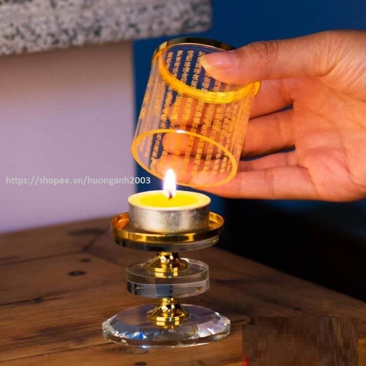 Đui Đèn Để Nến Bơ Bằng Thủy Tinh Pha Lê Cao 3 Tầng, Đèn Phật có Chụp chống gió - khắc in Bài Chú Tâm Kinh - 1 Cái