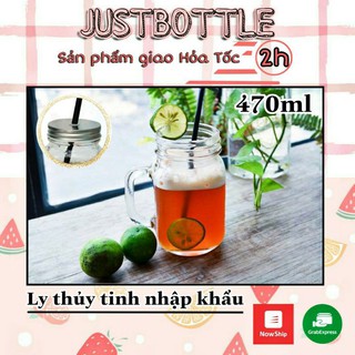LY THỦY TINH CÓ QUAI có nắp đậy 470ml - Cốc uống trà sữa bia cafe hàng nhập khẩu
