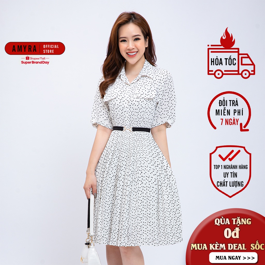 Đầm công sở châm bi tim dáng xòe AMYRA thiết kế trẻ trung  cổ sơ mi nút ngực đai eo DA148