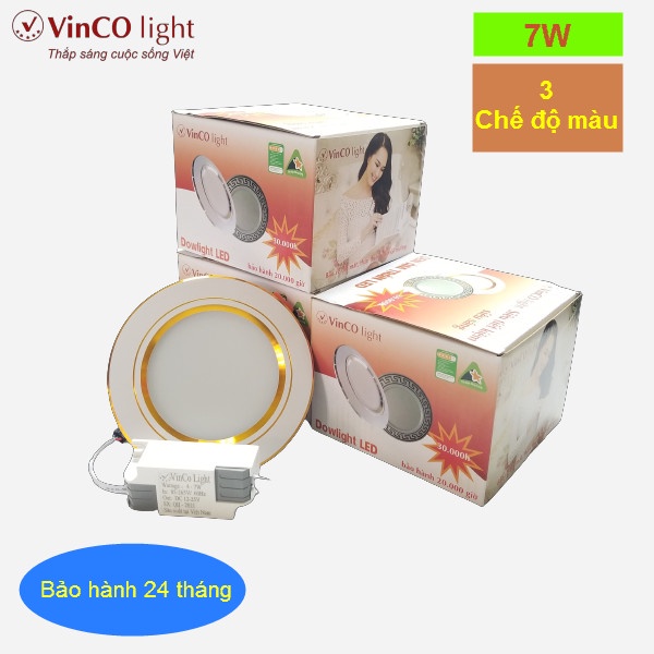 Đèn LED âm trần đế tản nhiệt 3 chế độ màu,7w phi 90 viền vàng bạc