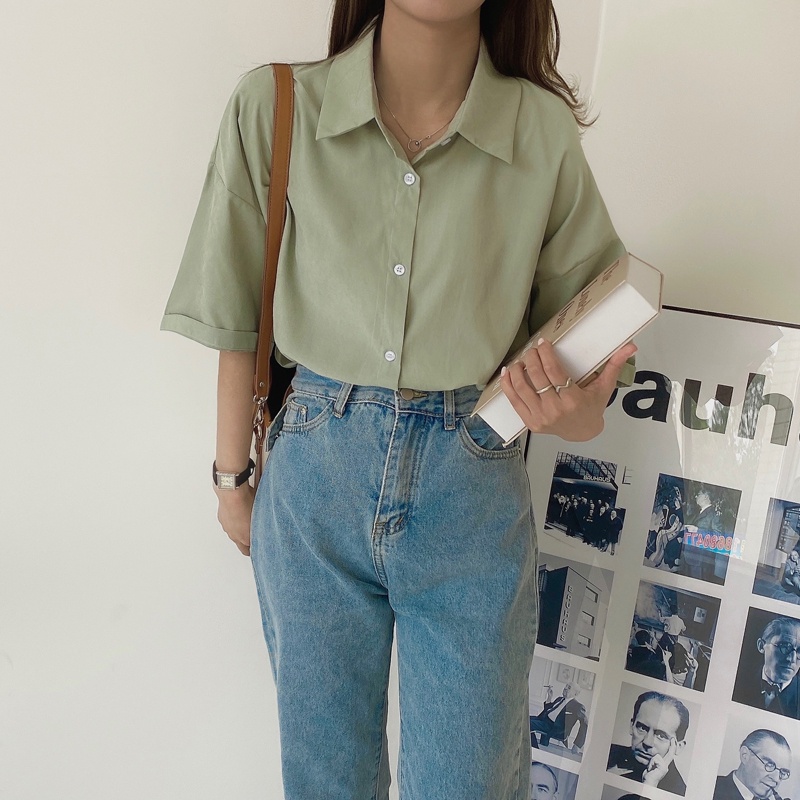 Áo Sơ Mi Tay Ngắn Dáng Rộng Màu Trơn Phong Cách Retro Cho Nữ